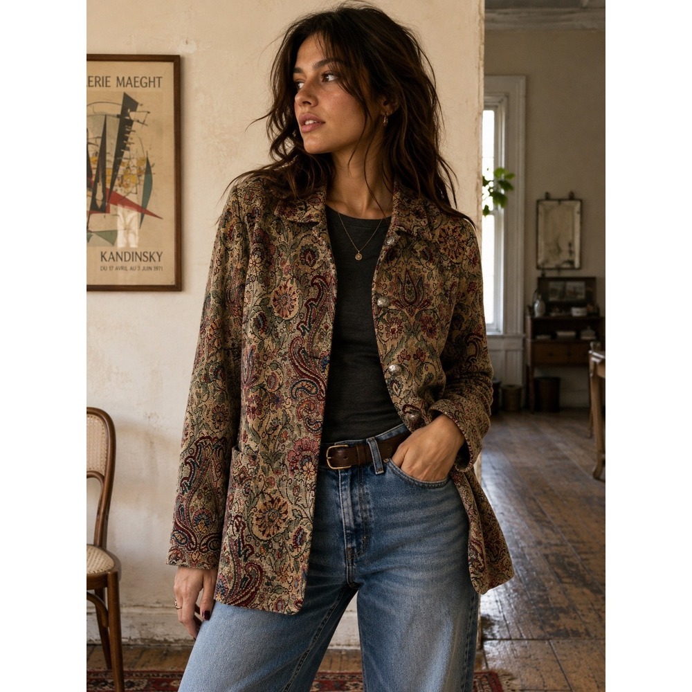 Vintage Erin London Tapestry Jacket M Paisley Floral Boho Gobelincore Blazer VTG